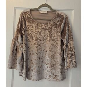 Noa Elle Shirt Womens Medium Tan Velvet Bell Sleeve Scoop Neck Soft Stretch Top